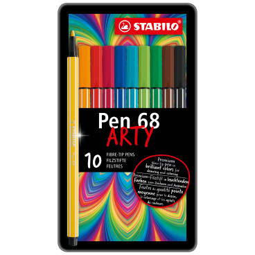 STABILO Pen 68 Fibre Tip Pen - ARTY -Assorted Colours (Tin of 10)